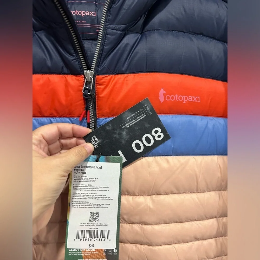 Cotopaxi Women's XL Fuego Hooded Down Jacket Ink Rosewood Pink Blue NWT - Picture 5 of 12